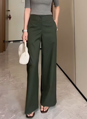 深绿色高腰冰丝阔腿西装裤女2026夏季薄款宽松垂感百搭直筒休闲裤