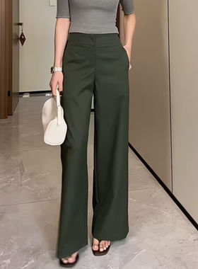 深绿色高腰冰丝阔腿西装裤女2026夏季薄款宽松垂感百搭直筒休闲裤