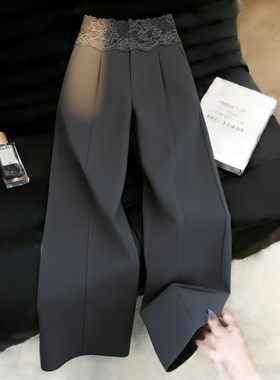 灰色蕾丝设计西装裤女2026年夏季流行新款高腰显瘦通勤时尚阔腿裤