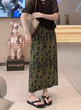 绿色小众高腰薄款复古长裙女2025年夏季新款宽松遮胯百搭A字裙子