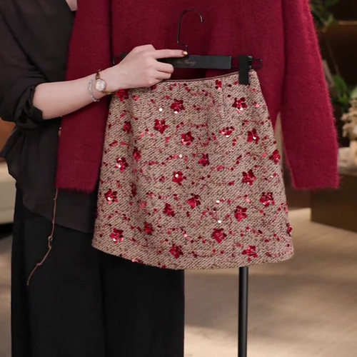 亮片短裙女2025冬季流行爆款高腰显瘦法式高级重工印花设计半身裙