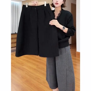 高腰宽松日常百搭气质阔腿中裤 流行新款 女2025秋季 黑色休闲毛呢裤