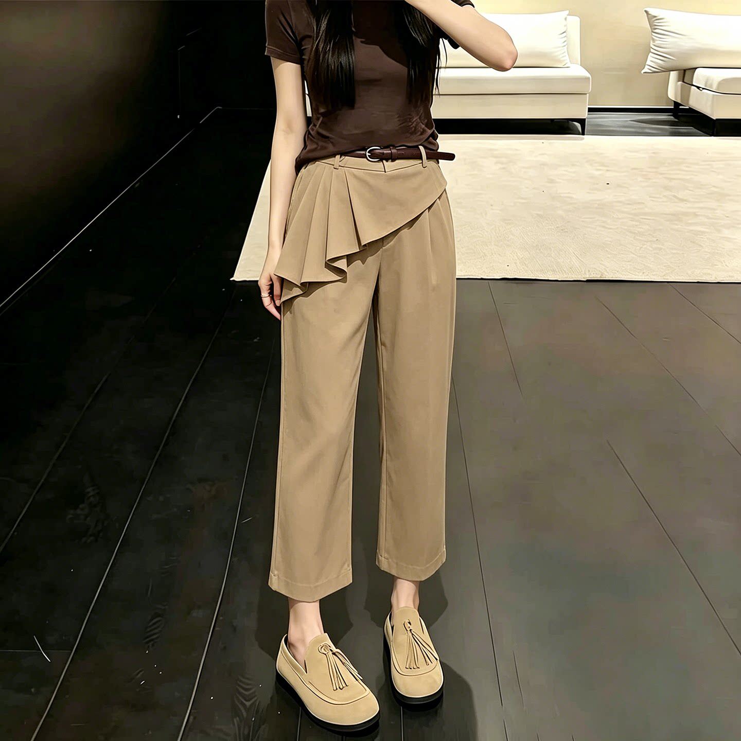 卡其色小众屁帘裤女2026夏季流行新款小个子高腰洋气百搭九分裤子图片