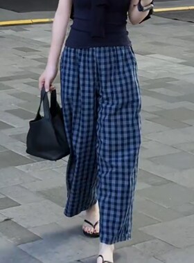 2026夏季新款韩版百搭蓝色格子阔腿裤女小个子高腰休闲裤九分裤潮