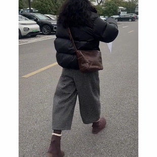 复古九分格子裤女秋季流行新款高腰显瘦气质时尚百搭洋气阔腿裤子