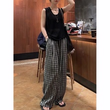 港式复古黑白格纹胖mm休闲裤女春夏新款宽松遮胯藏头阔腿拖地长裤