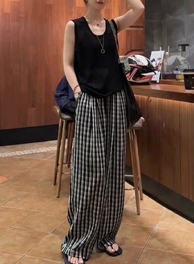 港式复古黑白格纹胖mm休闲裤女春夏新款宽松遮胯藏头阔腿拖地长裤