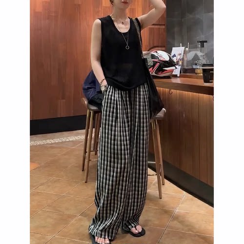 港式复古黑白格纹胖mm休闲裤女春夏新款宽松遮胯藏头阔腿拖地长裤