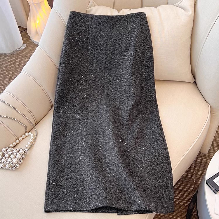 欧货小香风闪闪亮片毛呢半身裙女秋冬高腰显瘦开叉包臀直筒一步裙