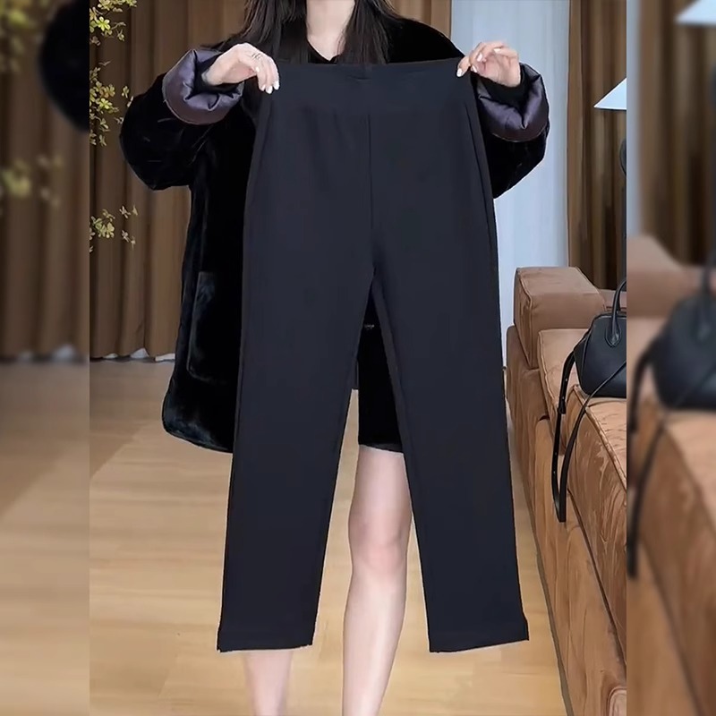 黑色休闲裤女秋冬新款加绒欧货高腰修身弹力显瘦九分加厚烟管靴裤