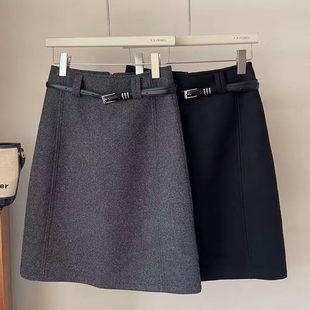 毛呢五分裙女2025秋冬新款高腰显瘦后开叉半身裙A字直筒时尚中裙
