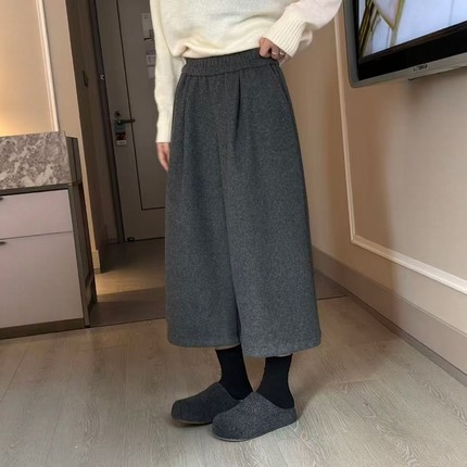 羊毛呢八分阔腿裤女2025冬季新款加绒加厚小个子宽松直筒休闲裤