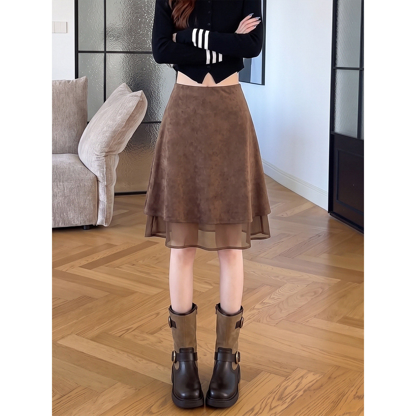 咖色鹿皮绒a字鱼尾中裙半身裙女秋季2026新款设计感网纱拼接短裙