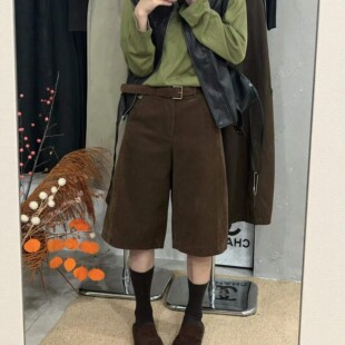 欧货复古咖啡色灯芯绒阔腿短裤女秋季新款宽松直筒中裤休闲五分裤