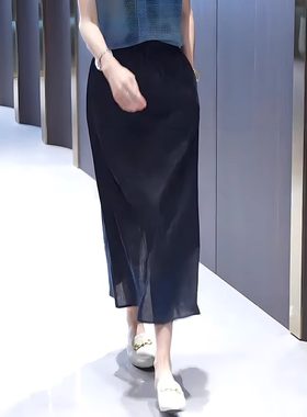 亚麻半身裙女夏季新款气质通勤抽绳松紧开叉显瘦垂感a字中长裙子