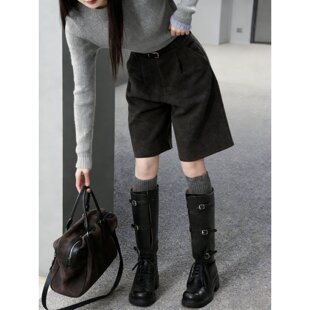 高级感灰色毛呢阔腿短裤女秋2026新款小个子休闲五分裤西装直筒裤