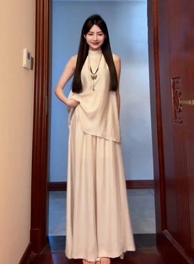 新中式无袖高腰A型连衣裙女装穿搭一整套时尚清冷感夏季套装