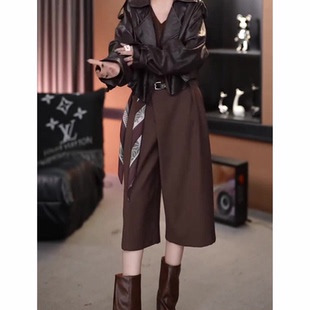 高腰简约宽松时髦阔腿裤 流行新款 女2025秋季 咖色休闲六七分休闲裤