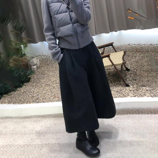百搭直筒阔腿裤 高腰显瘦压褶时尚 女秋冬新款 黑色八分毛呢休闲裤