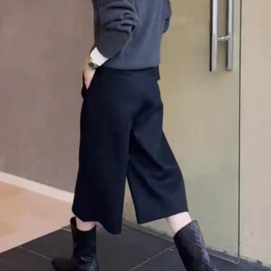 秋装女2026新款黑色高腰显瘦宽松直筒大码胖MM毛呢阔腿七分裤