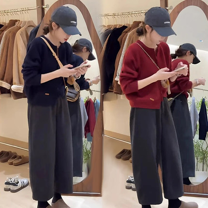 加厚毛呢松紧腰休闲裤女大码胖mm秋冬新款梨形身材裤子阔腿九分裤