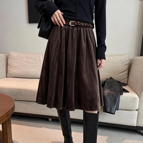 秋冬轻熟风复古压褶中长裙法式高腰丝绒半身裙女小个子a字百褶裙