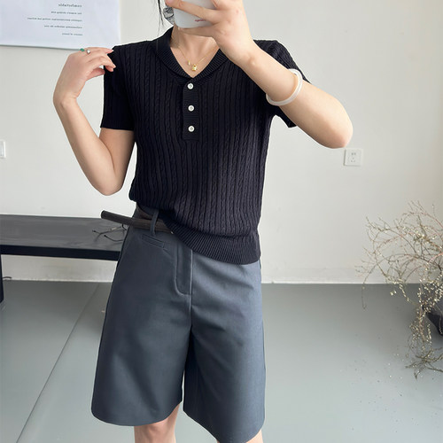 法式V领短袖通勤显瘦针织T恤