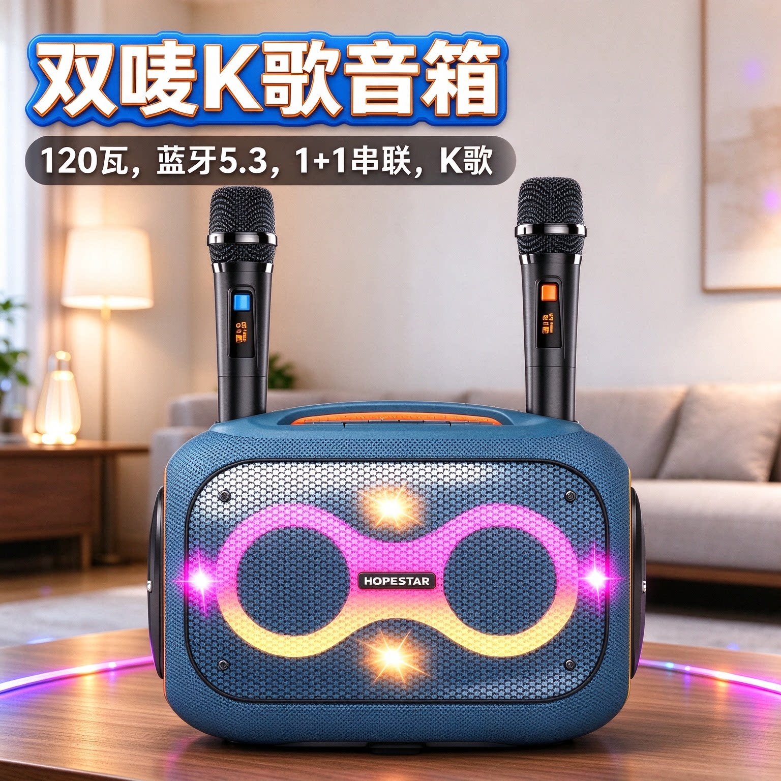 HOPESTAR/华达 PARTYBOX蓝牙音响120瓦LED灯家用双麦K歌音箱