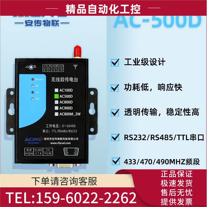 新款AC500D数传电台 RS232 RS485 TTL透传 433M PLC线通讯模块【