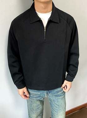 XANYP 秋季复古半拉链翻领卫衣男简约通勤休闲衬衫袖长袖T恤上衣