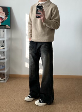 XANYP 美式复古猫须纹水洗黑灰微喇牛仔裤男cleanfit宽松直筒长裤