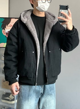 XANYP 冬季美式复古拼接短毛座山雕连帽棉服棉衣男加厚短款外套潮