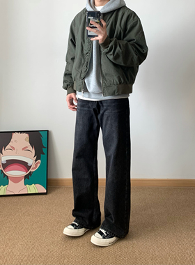 XANYP 美式复古水洗黑色做旧宽松直筒牛仔裤男简约百搭休闲长裤