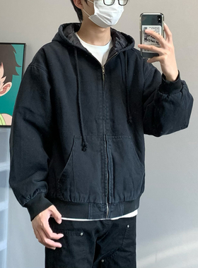 XANYP 秋冬美式水洗复古做旧J130重磅工装连帽夹棉外套男加厚上衣