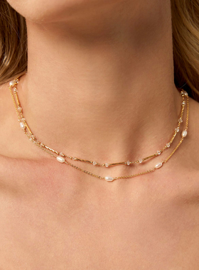 天然珍珠锁骨链双层14K包金项链