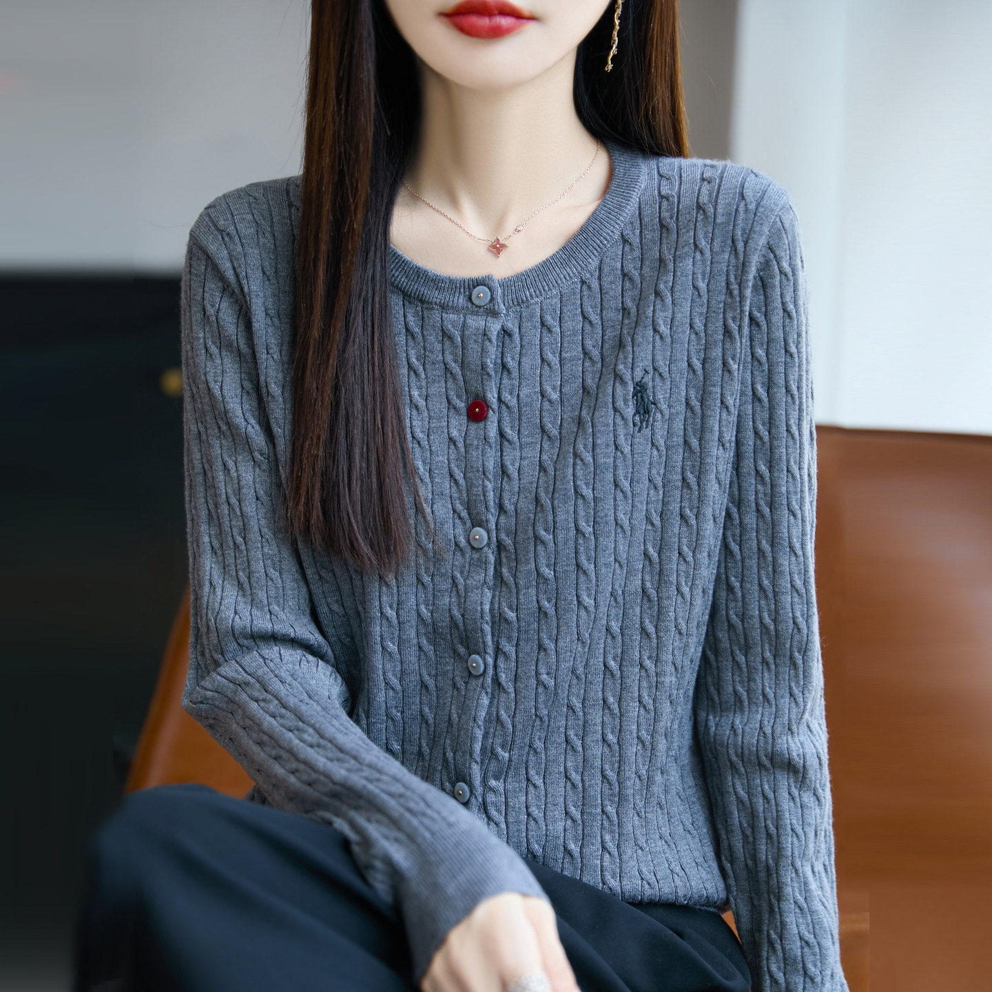 麻花针织开衫女圆领羊毛衫2025春秋新款宽松显瘦外套短款大码上衣