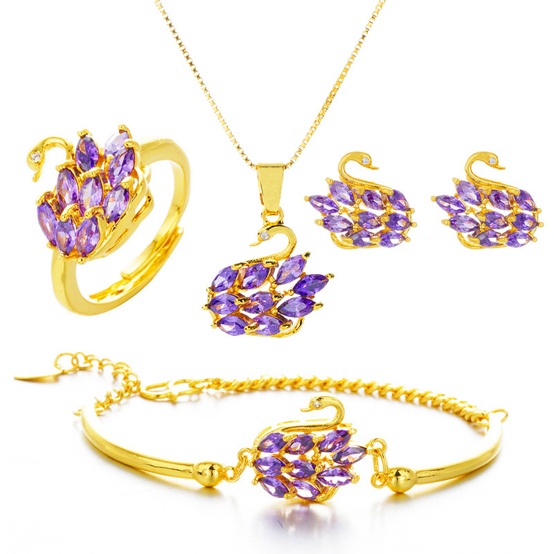 黄铜镀金，24K，天鹅项链项链戒指手镯耳钉套装