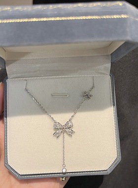 s925纯银项链女流苏蝴蝶结轻奢小众高级感镶钻锁骨链百搭包邮