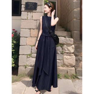 背心裙 法式 藏青色无袖 连衣裙女夏季 气质轻奢高级感长裙赫本风套装