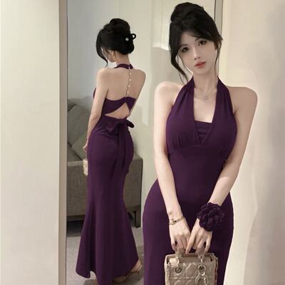 紫色设计感链条挂脖绑带露背吊带连衣裙女装性感修身鱼尾包臀长裙