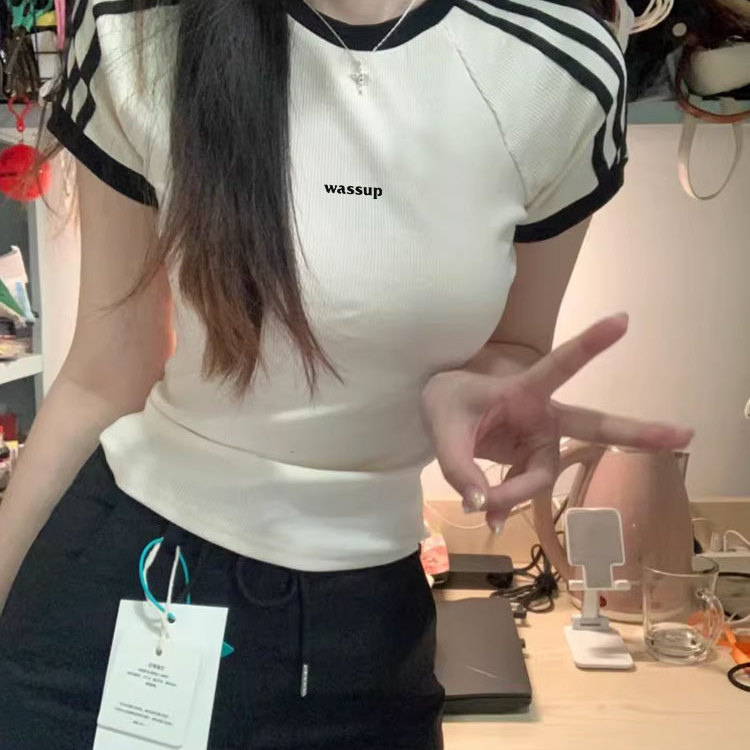 白色短袖t恤正肩女2025新款时尚感百搭夏季修身显瘦条纹短款上衣