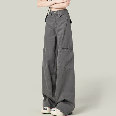 水泥灰美式阔腿工装裤女2025新款春秋复古高腰直筒宽松拖地牛仔裤