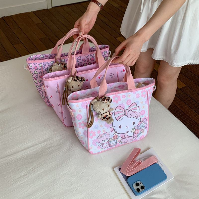 豹纹凯蒂猫托特包轻便帆布kitty单肩大容量女生手拎包卡通妈咪包
