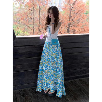 蓝色碎花半身裙女包臀长裙小个子多巴胺掐腰裙夏日绝美小裙子海边