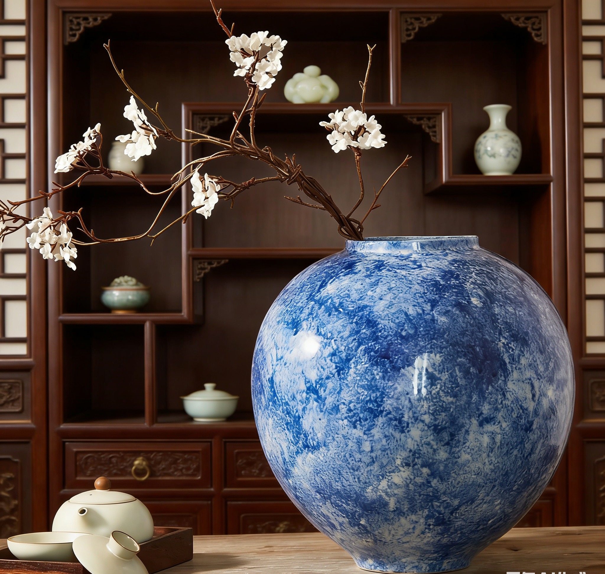 景德镇高档复古蓝色陶瓷球形花瓶手工家居装饰摆件客厅插花水鲜花,家居饰品,花瓶,淘宝优惠券,粉丝福利购,淘宝优惠卷