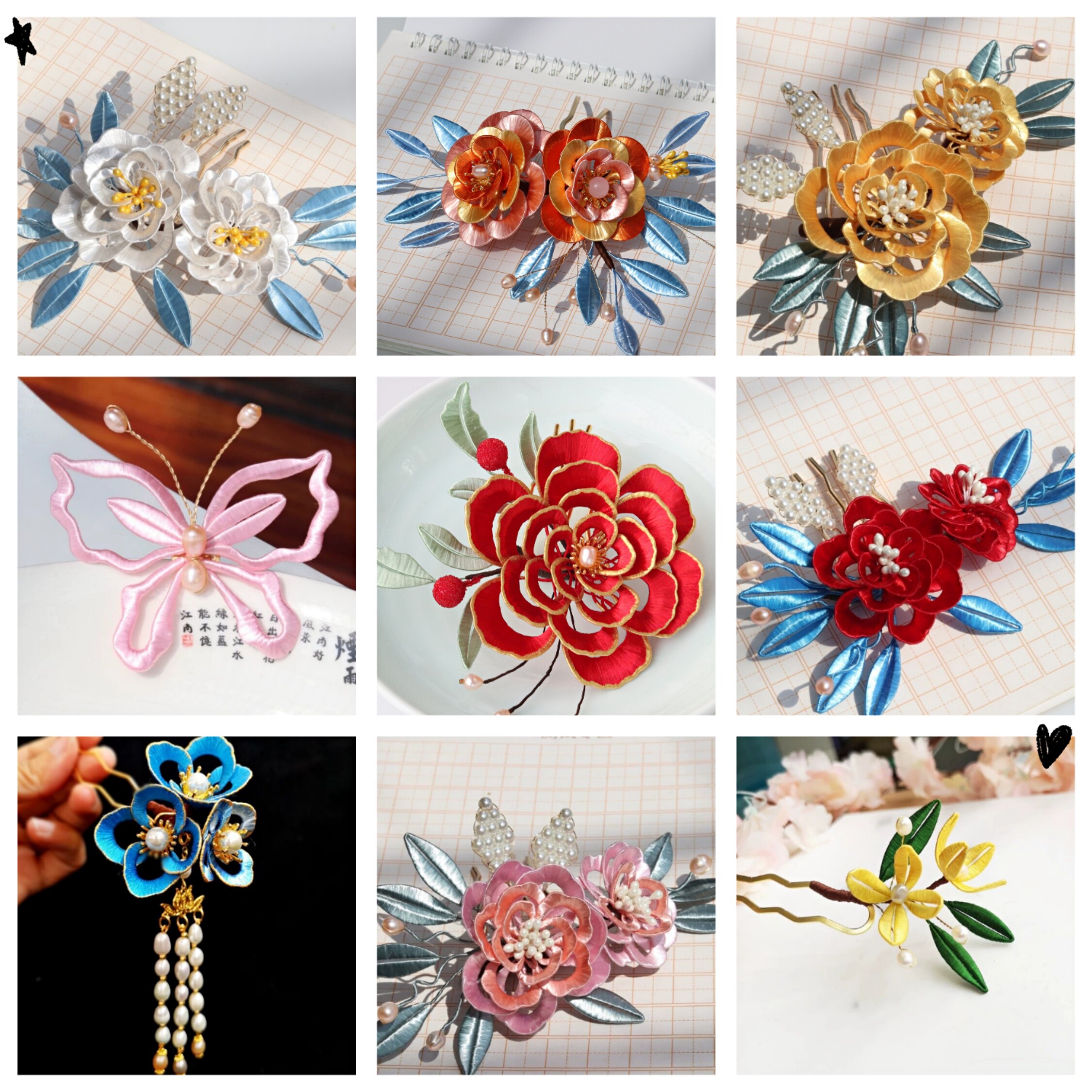 非物质文化手工缠花发簪汉服头饰春仔花古风发饰淡水珍珠牡丹发梳