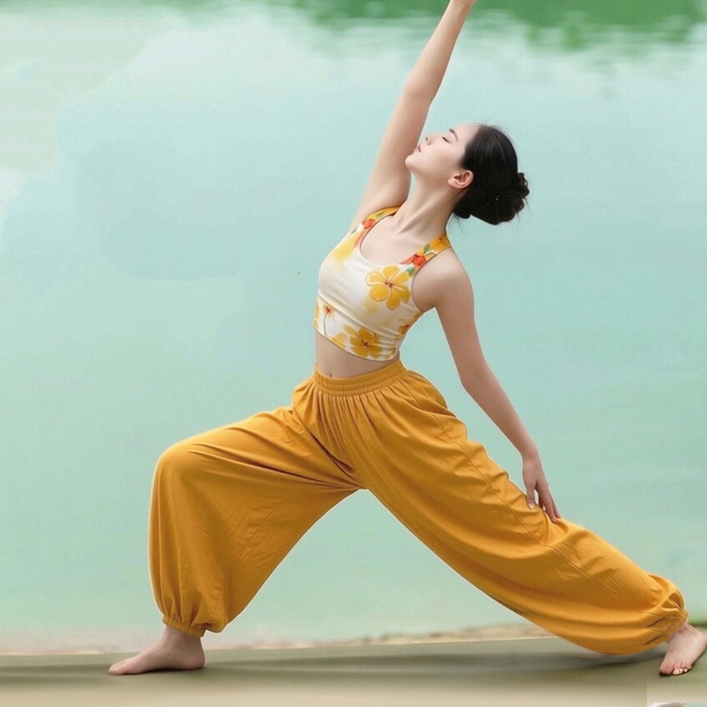 国风印花瑜伽背心女带胸垫美背夏季普拉提训练灯笼裤健身内衣套装