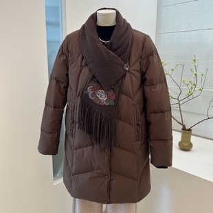 冬季中老年妈妈装长款90绒羽绒服围巾领外套宽松保暖中长款上衣女