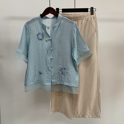 夏季薄棉麻套装中老年妈妈装衬衫