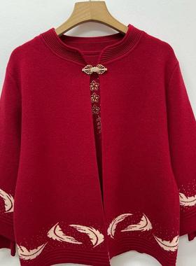 秋冬婚宴红色妈妈装两件套上衣中老年奶奶老太太针织套装毛衣女衫